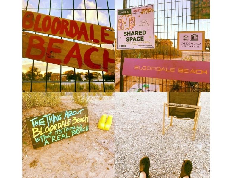 1. Wooden sign with red paint affixed to fencing reads ‘Bloordale Beach’. 2. Two feet appear in frame with black Croc sandals across from the back of a wooden folding chair with black seat fabric. 3. Sign on the ground reads “The thing about Bloordale Beach is that it’s totally a real beach” in blue, yellow and green paint. Sign sits next to a yellow partial mannequin  4. Some of the signage affixed to the fence surround the empty lot including one designating the site as a Unesco World Heritage Site