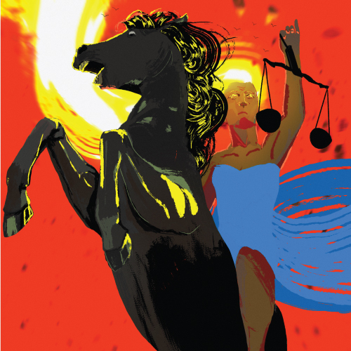 Yapp’s artwork selected by the David Suzuki Foundation. Mother nature is personified as a woman with fire bursting from the top of her head as she rides atop a black horse reining on its hind legs, holding up the Scales of Justice as if bringing judgement down upon the viewer. The woman wears a blue dress against a red background.
