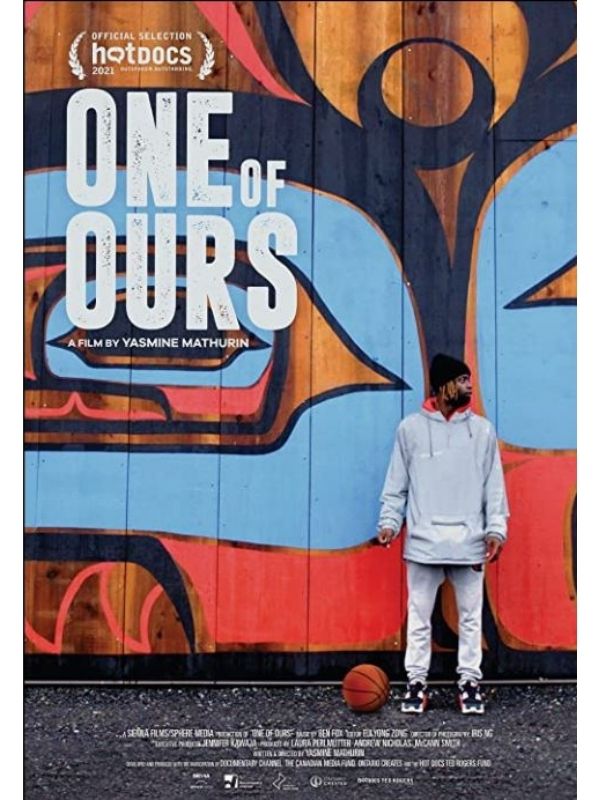 Film poster for ‘One of Ours’ featuring Josiah Wilson in front of a wooden wall painted with Indigenous art in blue and red. A basketball lays on the ground next to him.