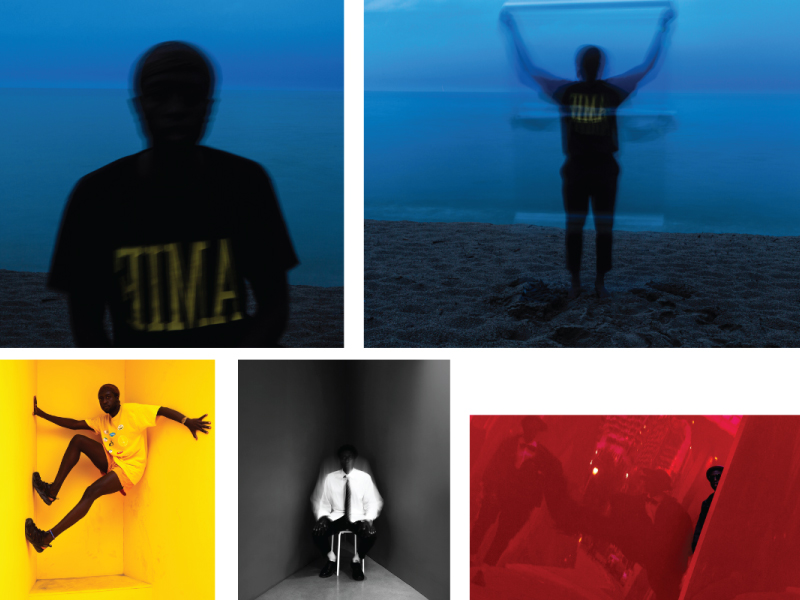 Five self-portraits by Abala. The top two feature him in a black tshirt on a beach with very deep blue skies. The bottom left features Abala in a yellow room wearing a yellow shirt and yellow shorts climbing a wall. In the middle, Abala sits on a stool wearing black pants and a white dress shirt and tie. The final image on the right shows Abala standing wearing black  between red walls.