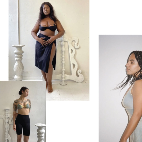A collage of outfit designs by Nadine Mosallam, featuring a black two piece dress, a bra and shorts outfit and a silver dress, modelled by three women