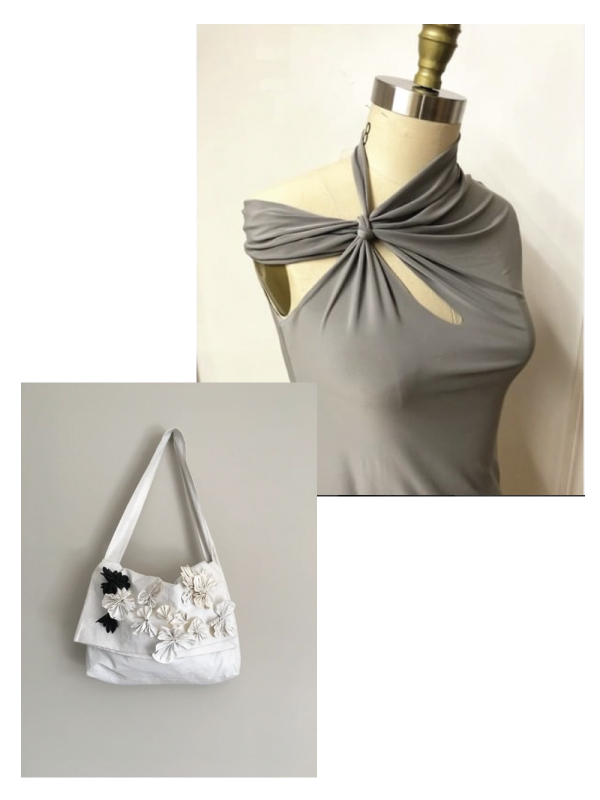 A collage featuring a grey one shoulder shirt and a white floral embroidered purse