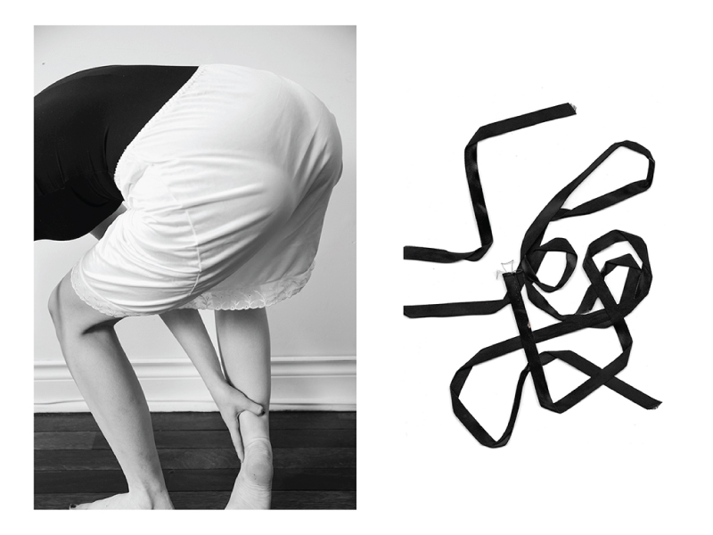 On the left sits an image of a person bending over and grasping their right leg. On the right sits a image of a lace tie