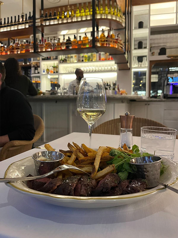 Kaul’s dinner of steak frites in the hotel restaurant. 