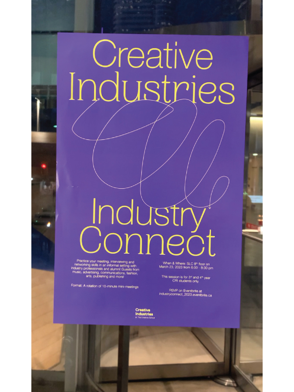A purple poster board with the words "Creative Industries Industry Connect" in yellow writing