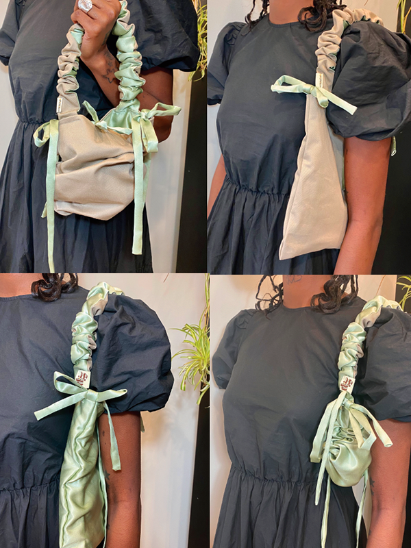 An image is split into 4 sections showcasing different ways to wear the bag in its different colour variations. 