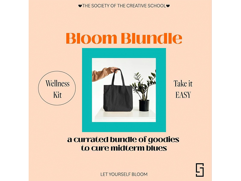 Graphic advertising the Bloom Bundles wellness kit, including an image of a black tote bag with text “a currated bundle of goodies to cure midterm blues.”