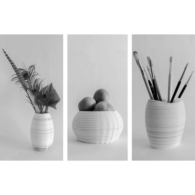 3D pinted vases and a bowl by TMU student, Pooja Patel