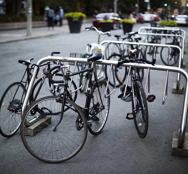 Half a dozen bicycles locked to a campus bike rack.