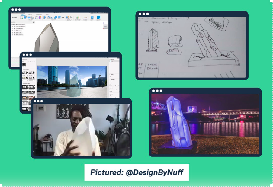 Screen Shots from a guest speaker at Make Collective. Pictured: Design By Nuff and his various iterations of the project "Shard".
