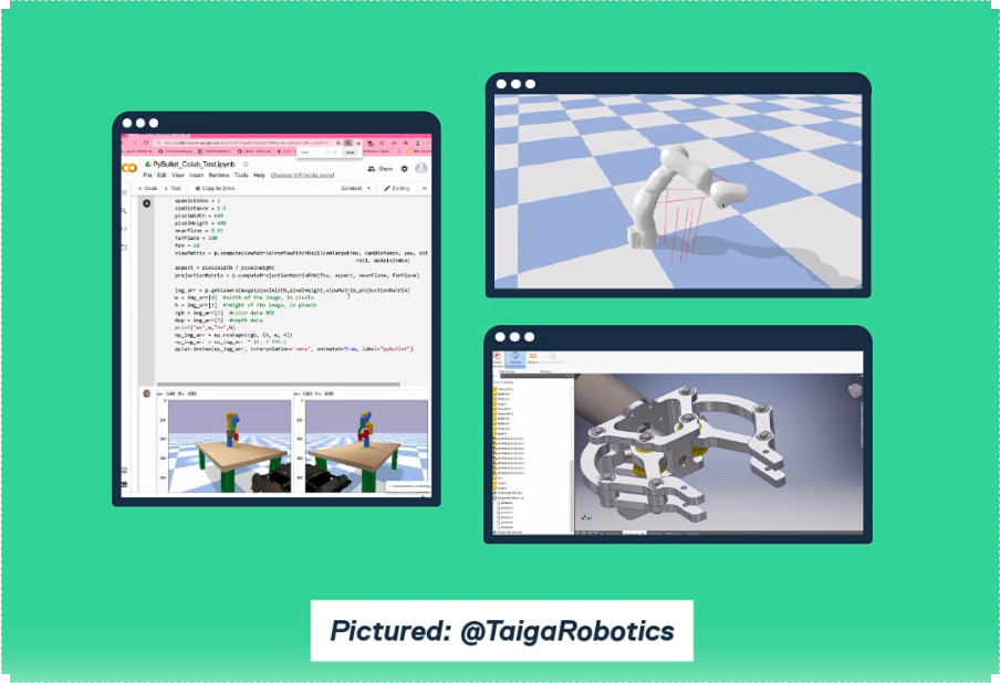 Screen Shots from a guest speaker at Make Collective. Pictured: Taiga Robotics, showcasing simulations of robotic arms and renders of custom robot part designs.